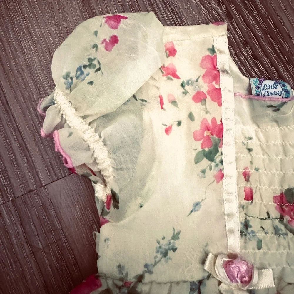 Little Lindsey 4T Vintage Floral Chiffon Dress Yellow Pink Rosettes ribbon